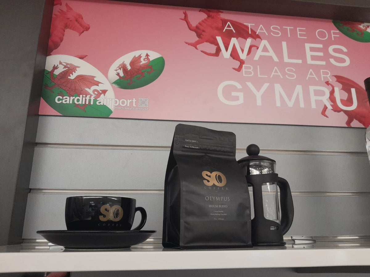 So Coffee Cup, Caffetiere And Wholebean At The International Airport Of Wales' Duty Free VIP Lounge