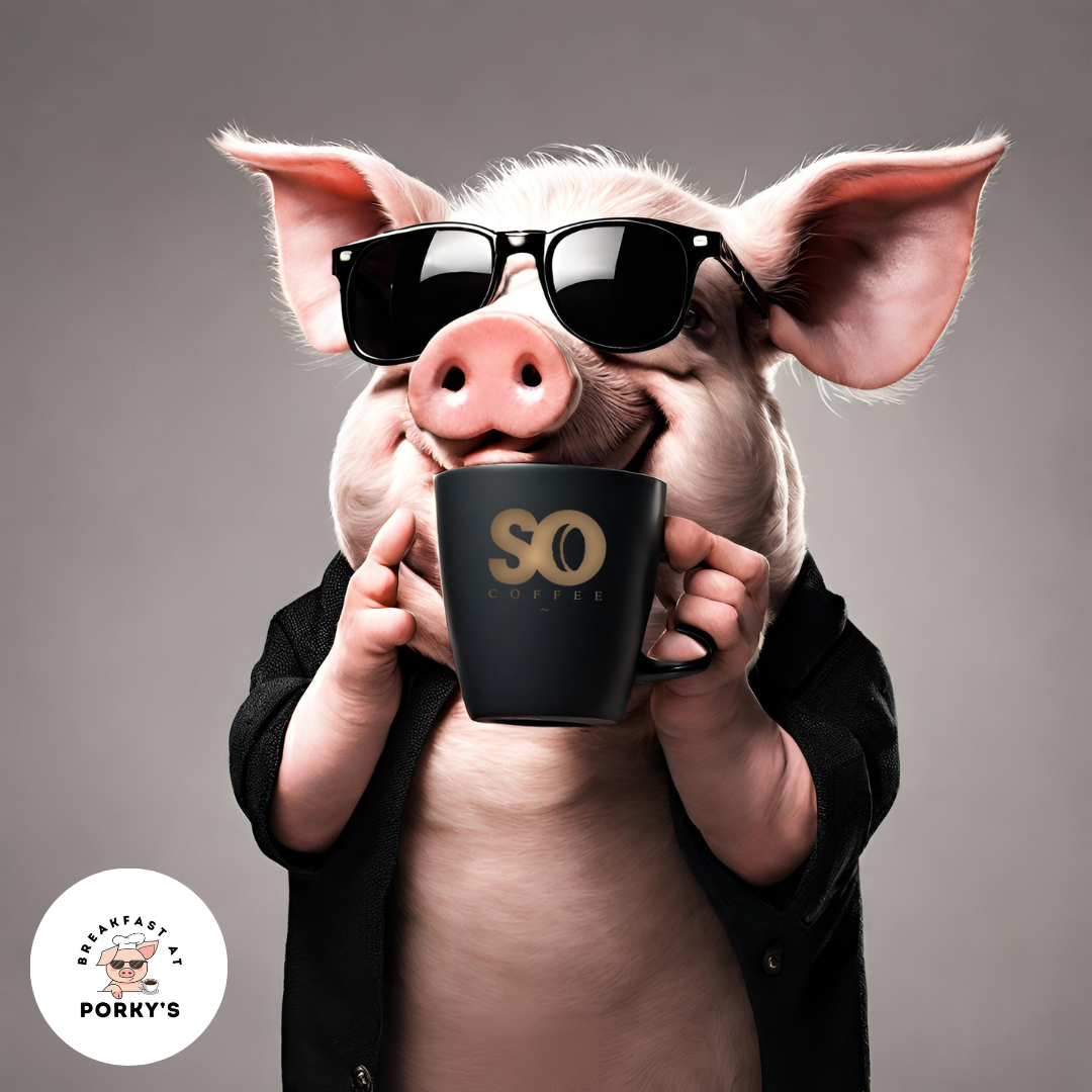 Pig With Sunglassess Holding A SO Coffee Cuo